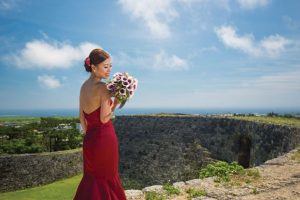 Lady in wedding dress at Zakimi Castle