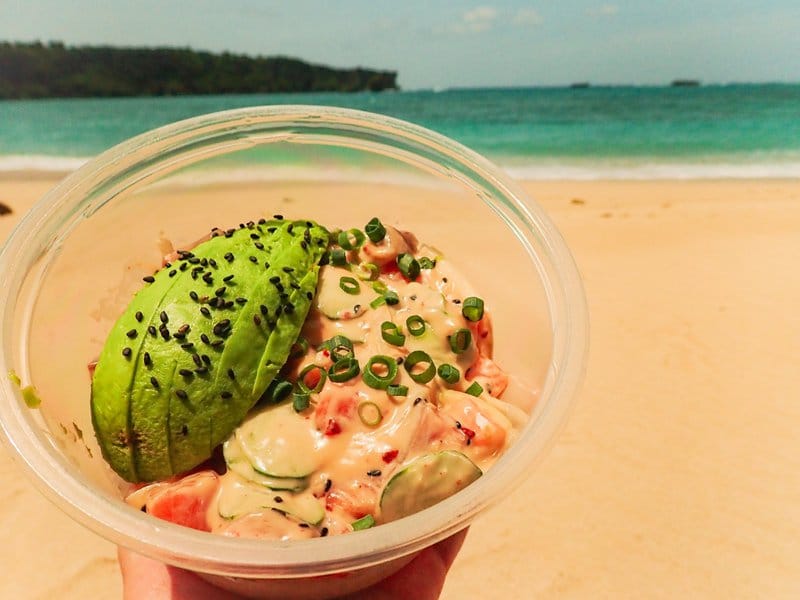 Ginger miso salmon poke with added cucumber and avocado